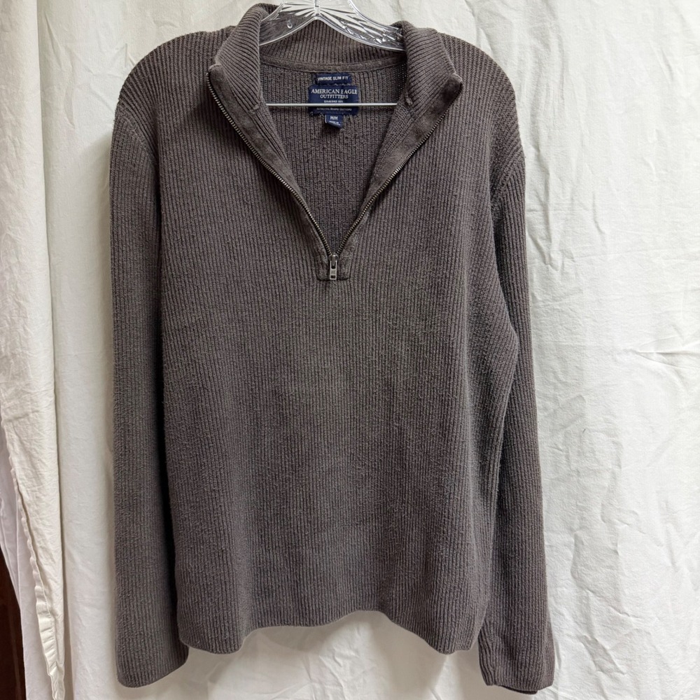 VTG American Eagle Y2K Mens Quarter Zip Sweater Brown Ribbed Cotton  Slim Fit M